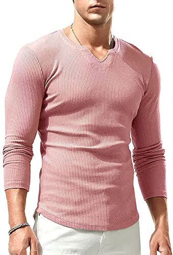 Lehmanlin Camicia a Maniche Lunghe T-Shirt Sportive da Uomo, Scollo a V Elasticizzato,vestibilità Muscolosa,Biancheria Intima Casual, Rosa M