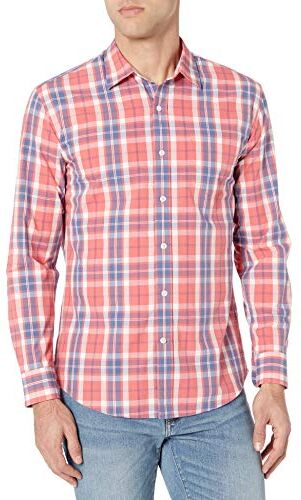 Amazon Essentials Camicia Casual in Popeline a Maniche Lunghe vestibilità Regular Uomo, Rosso Slavato A Quadri, M