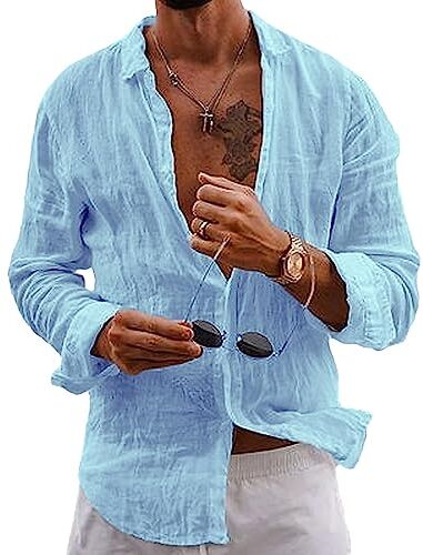 Puimentiua Camicia Uomo Manica Lunga Maglia Lino Uomo Estiva Elegante Camicia Coreana Uomo Tinta Unita Vacanze Beach, Cielo Blu, XL