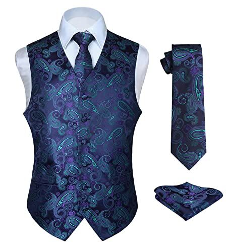 HISDERN Paisley floreale Jacquard floreale gilet e cravatta e fazzoletto da taschino set Viola e verde XL