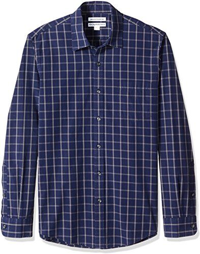 Amazon Essentials Camicia in Popeline a Maniche Lunghe Slim Uomo, Blu Marino A Quadri, XXL