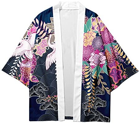 CIZEUR Camicia Kimono T Shirt Uomo Maniche 3/4 Cardigan Giacca Top Casual Camicetta Vintage Elegante Estiva Coppia, XL Fiori Colorati e Gru