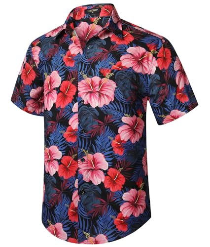 HISDERN Camicia Hawaiana da Uomo Camicie Floreali Funky Camicia Hawaiana Casual a Maniche Corte Estive con Tasca Frontale con Bottoni Viola e Rosa XL