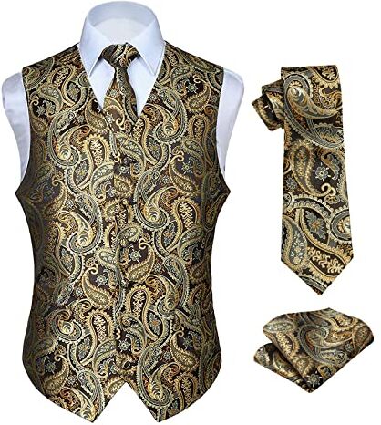 HISDERN Paisley floreale Jacquard floreale gilet e cravatta e fazzoletto da taschino set Oro S