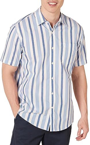 Amazon Essentials Camicia in Popeline a Maniche Corte Regular Fit Uomo, Blu Bianco Righe, XS