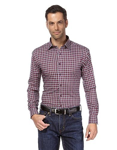 Vincenzo Boretti Camicia Uomo Eleganti, Taglio Aderente/Slim-Fit, Collo Classico, Manica Lunga, a Quadri con Inserti in Contrasto Non Stiro/Non-Iron Rosso Vino 39-40