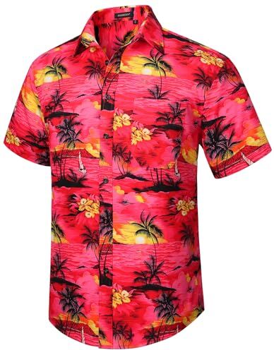 HISDERN Camice Hawaiane Uomo Funky Estiva Manica Corta Camicie Hawaiana Stampate con Motivi di Birra Tropicali Aloha Shirt per Spiaggia,Rosso,M