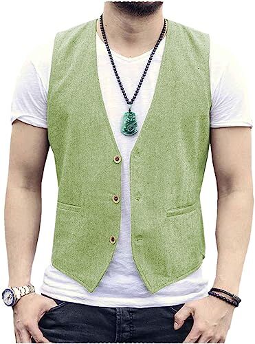 Tiavllya Gilet da uomo senza maniche in cotone e lino casual Gilet da spiaggia estivo slim fit tinta unita a 3 bottoni（XL, Verde chiaro）