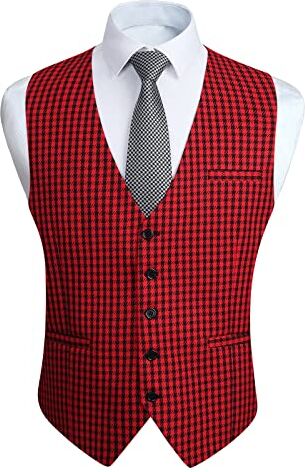 HISDERN Gilet da Uomo Rosso in Cotone Elegante Classico Panciotto Uomo Formale Casual a Quadri Scozzese Senza Maniche da Cerimonia con Tasche M