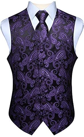 HISDERN Paisley Floreale Jacquard Floreale Gilet e Cravatta e Fazzoletto da Taschino Set Viola e Nero M