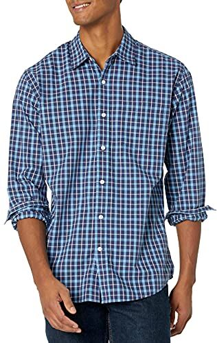 Amazon Essentials Camicia Casual in Popeline a Maniche Lunghe vestibilità Regular Uomo, Blu Motivo Scozzese, M