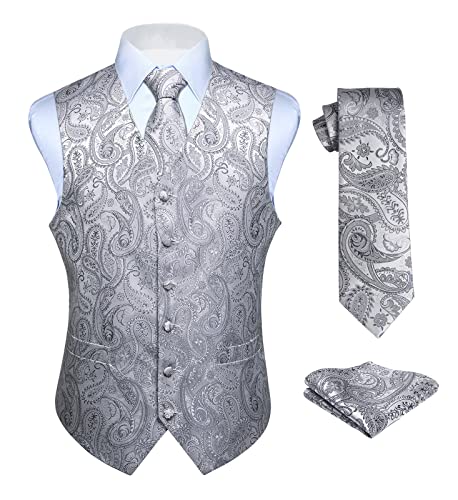 HISDERN Paisley floreale Jacquard floreale gilet e cravatta e fazzoletto da taschino set Grigio 5XL