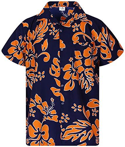 King Kameha Funky Camicia Hawaiana, Hibiscus, Arancione Navy, XL