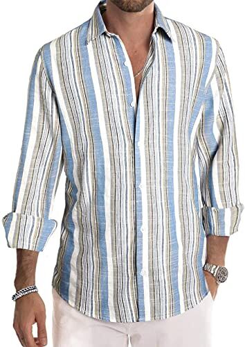 Meilicloth Camicia Uomo a Righe Cotone Manica Lunga Casual Lino Trama Western Regular Fit Blu S