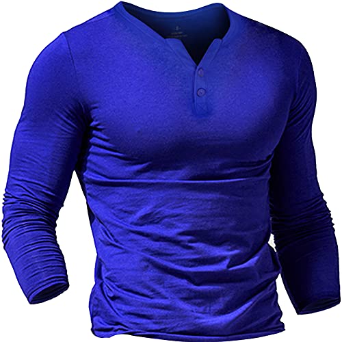 Muscle Alive Uomo Henleys Casual Manica Lunga Maglietta Singolo Pulsante abbottonatura Plain v Neck Camicie in Cotone Blu M