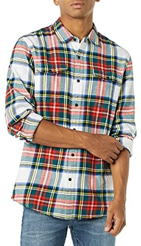 Amazon Essentials Camicia in Flanella con Due Tasche a Maniche Lunghe vestibilità Aderente Uomo, Bianco Rosso Tartan Plaid, XL