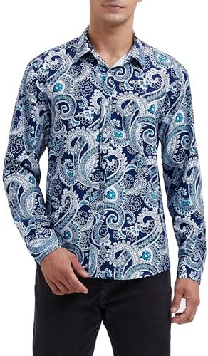 HISDERN Camicie da Uomo Camicia Elegante in Seta con Motivo Cachemire Camicia Floreale vestibilità Regolare Manica Lunga abbottonata per la Festa di Nozze, Ballo di fine Anno