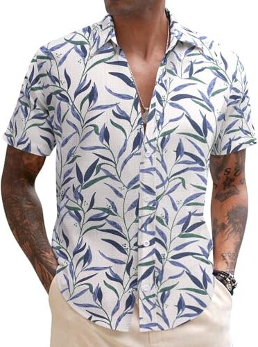 COOFANDY Camicie Uomo Hawaiana Camicie Stampato Fantasia Camicia Uomo Beach Camicia Estiva Maniche Corte Abbottonata Sogno di Foglie Blu XL