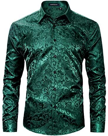 HISDERN Camicia da Uomo in Seta Verde Camicia Raso Uomo con Paisley Jacquard Manica Lunga con Bottoni e Colletto per Matrimoni Party Regular Fit XL