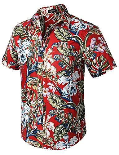 HISDERN Uomo Camicie Floreali hawaiane Funky Manica Corta Tasca Frontale Holiday Summer Aloha Printed Beach Camicia Casual Rossa Hawaii