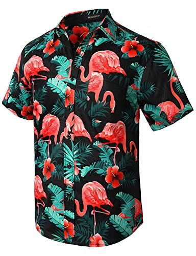 HISDERN Uomo Funky Hawaiian Flamingo Camicie Manica Corta Tasca Frontale Vacanza Estate Aloha Beach Casual Menta Nero Rosa Hawaii Camicia