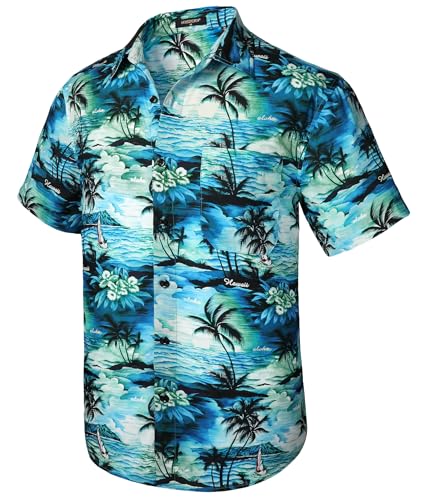 HISDERN Camicie hawaiane da Uomo Camicie Casual da Uomo Manica Corta Estate Funky Beach Hawaii Stampa Manica Corta Camicia Aloha Turchese S