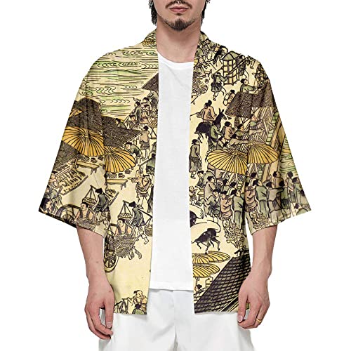 CIZEUR T-Shirt Uomo Cardigan Unisex Elegante Stampato Floreale Maglietta con Tasche Kimono Giapponese Casual Moda Primavera-Estate,PictureXL