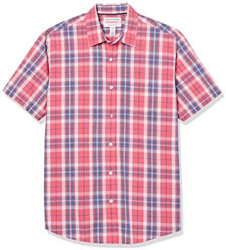 Amazon Essentials Camicia in Popeline a Maniche Corte Regular Fit Uomo, Rosso Slavato A Quadri, XL