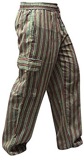 SHOPOHOLIC FASHION , pantaloni unisex in stile hippy, a righe, gamba larga, con tasche laterali Green MIX Medium