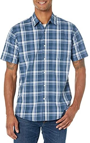 Amazon Essentials Camicia in Popeline a Maniche Corte Regular Fit Uomo, Blu Marino Motivo Quadri Medi, XL