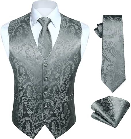 HISDERN Gilet Uomo Grigio Scuro Paisley Floreale Jacquard Cravatta Taschino Fazzoletto da Taschino da Festa di Nozze Completo da Completo Gilet,S,Grigio Scuro-N