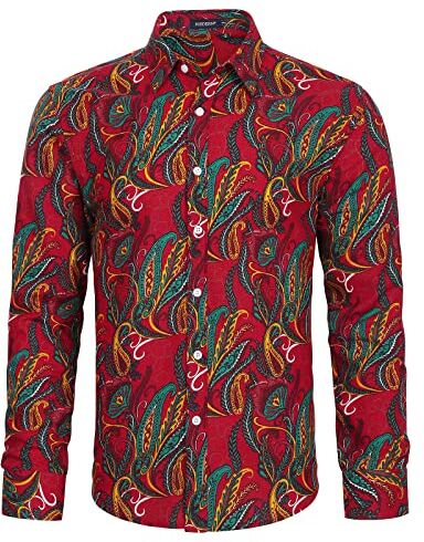 HISDERN Camicie Rosso a Fiori Uomo Casual Manica Lunga Camicia Moda pianta Elegante Floreale Cotone Camicie Partito Nozze Festival M