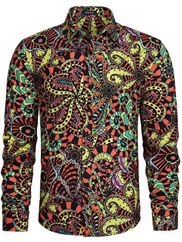 HISDERN Camicie da Uomo Stampa Floreale Camicia Funky Maniche Lunghe Casual Paisley Camicia per Hawaian Regualr Fit M