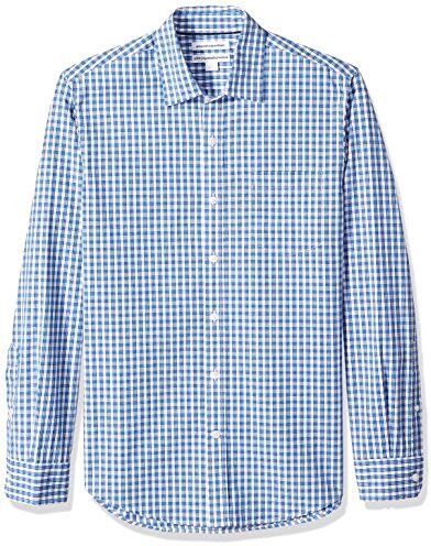 Amazon Essentials Camicia in Popeline a Maniche Lunghe Slim Uomo, Blu A Quadretti, XS