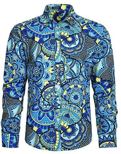 HISDERN Camicia Uomo Stampata Floreale Funky Camicia Maniche Lunghe Casuale abbottonata Camicie vestibilità Regolare XXL