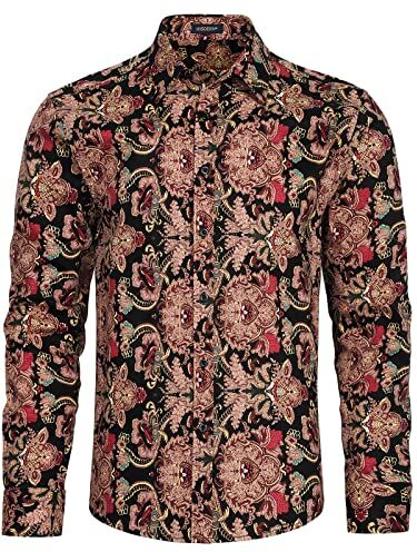 HISDERN Camicia Floreale Marrone da Uomo Manica Lunga Casual Camicie Africano Moda Fantasia Cotone Camicie Partito Nozze Festival S