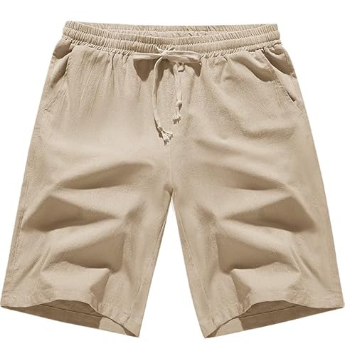 Yuson Girl Pantlaoncini Uomo Lino Cotone Pantaloni Corti Uomo Estivi Casual Leggeri Pantaloncini Comodo Tinta Untia Shorts Uomo Eleganti Pantalone Corto con Coulisse e Tasche(Cachi, M)