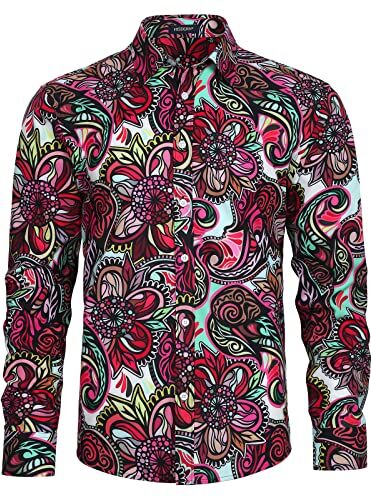 HISDERN Camicia Elegante da Uomo Stampata Floreale Funky Camicia Maniche Lunghe Casual Fantasia Camicie Regular Fit XXL