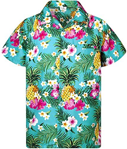 King Kameha Camicia Hawaiana a Maniche Corte Camicia Estiva Camicia da Festa, Pineappleflowers-Turchese, XXXL
