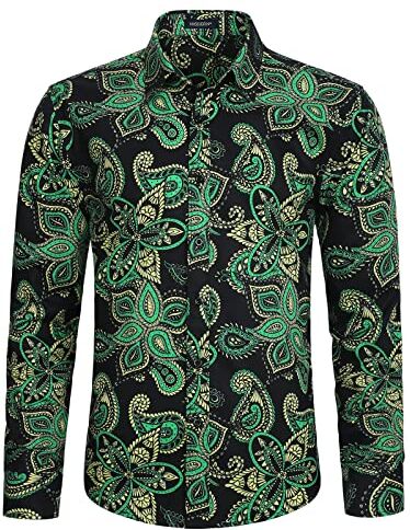 HISDERN Floreale Funky Camicia da Uomo Verde Stampata Camicia a Maniche Lunghe abbottonata Paisley Fantasia Camicie XL