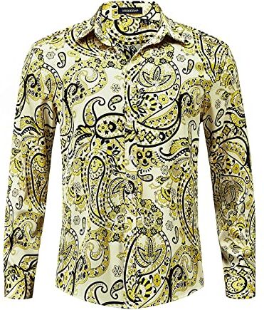 HISDERN Camicie Uomo Fantasia,Camicia Maniche Lunghe Floreale Casual Paisley Stampa retrò Button Down Funky Casual Camicie Larghe per Party Club,Gialle,M