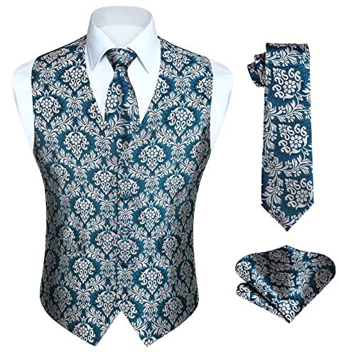 HISDERN HISDEREN Gilet Paisley da Uomo Blu Floreale Jacquard Cravatta Fazzoletto da Taschino Festa di Nozze Business Fit Vest Suit Set XL