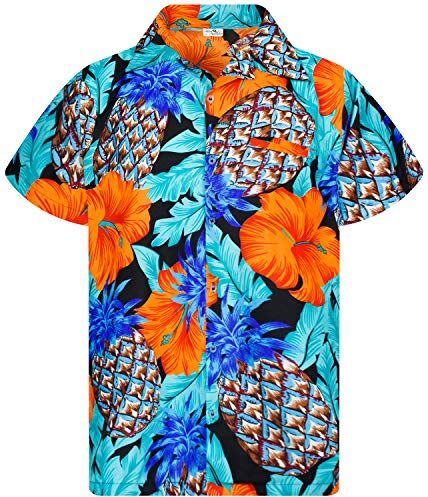 King Kameha Funky Camicia Hawaiana, Manica Corta, Pineapple Hibiscus, Nero Turchese, XL