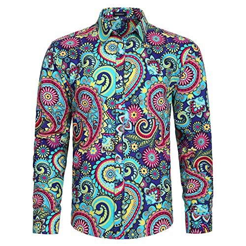 HISDERN Floreale Camicia da Uomo Blu Funky Camicia Maniche Lunghe Casual abbottonata Stampata Fantasia Camicie M