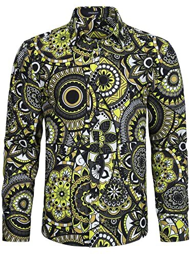 HISDERN Camicia da Uomo Camicie Stampata a Maniche Lunghe Casual Giallo Funky Fantasia Floreale Paisley Camicia XL