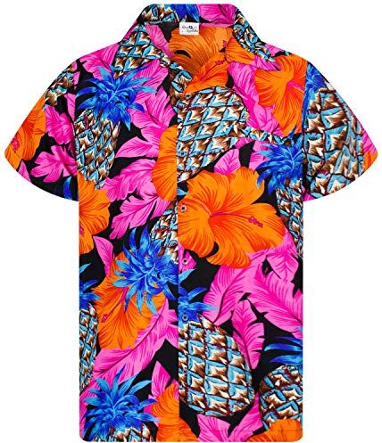 King Kameha Funky Camicia Hawaiana, Manica Corta, Pineapple Hibiscus, Nero Rosa, 4XL