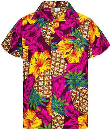 King Kameha Funky Camicia Hawaiana, Manica Corta, Pineapple Hibiscus, Rosa, XS