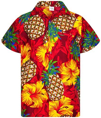 King Kameha Funky Camicia Hawaiana, Manica Corta, Pineapple Hibiscus, Rosso, XS