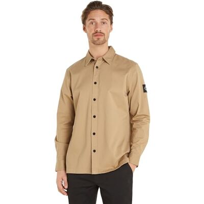 Calvin Klein Camicia Uomo Badge Shirt Camicia Casual, Beige (Travertine), L Calvin Klein Camicia Uomo Badge Shirt Camicia Casual, Beige (Travertine), L