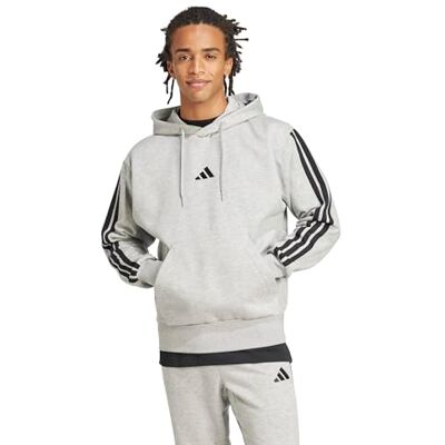 Adidas Uomo Essential Three Stripes Fleece Hoodie Sweatshirt, Medium Grey Heather/Black, L Adidas Uomo Essential Three Stripes Fleece Hoodie Sweatshirt, Medium Grey Heather/Black, L